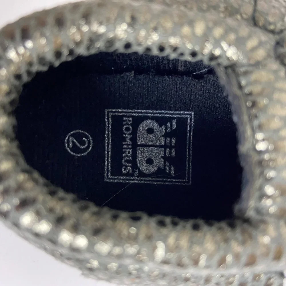 NWOT Romirus: Gray Metallic Snake Moccasins Soft Sole for Baby Size 2